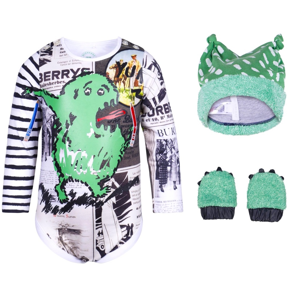 Burberry green monster set onesie mittens hat